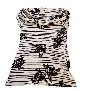 D Celli Floral Striped Cowl Neck Cap Sleeve Knit Top Black White Small